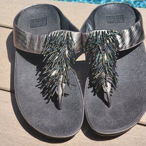 FitFlop Cha Cha Beaded Thong Wedge Sandal, Size 8, Style 336-289